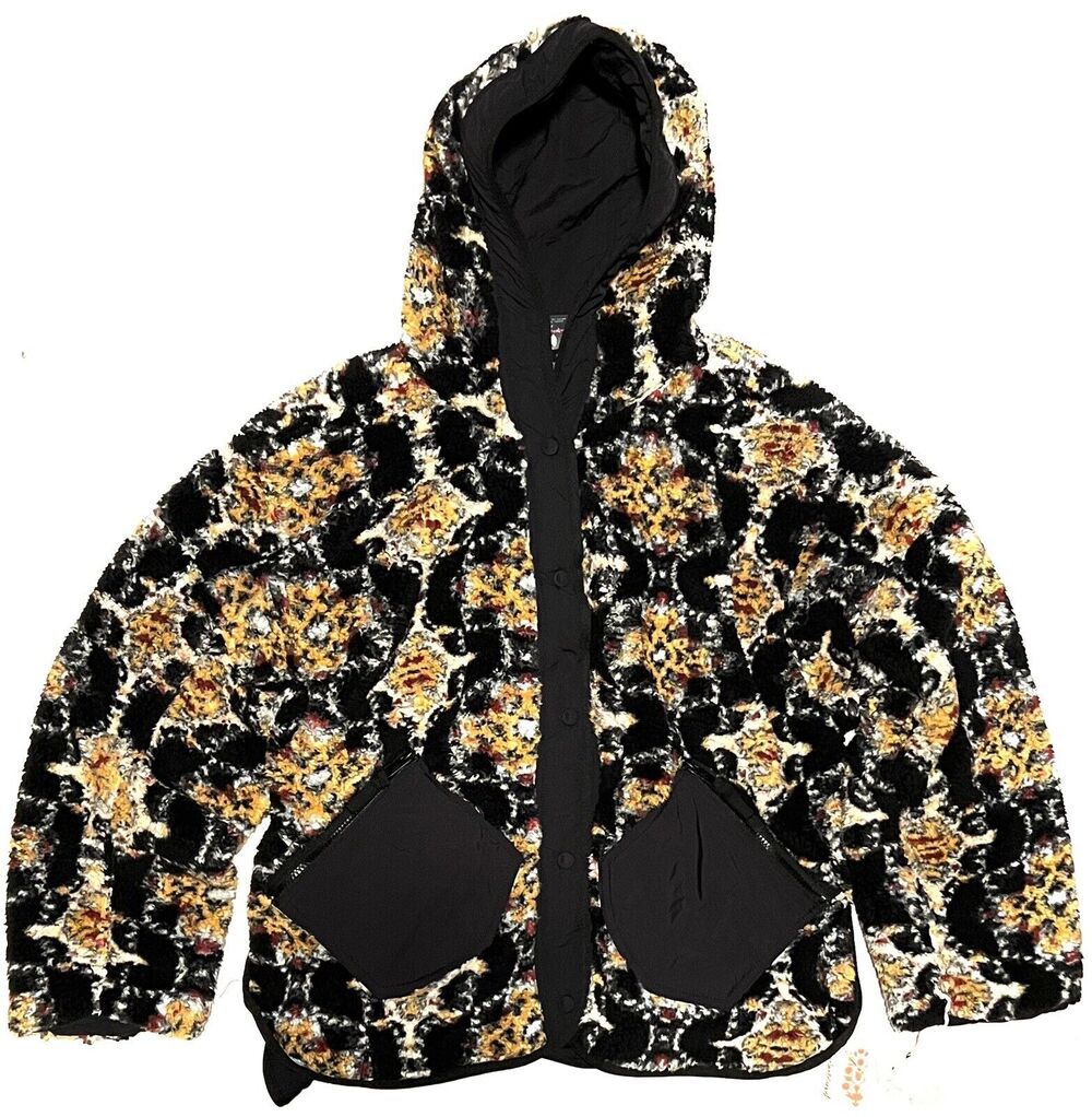 Free People Movement Elevation Jacquard Reversible Jacket Sz L Sherpa Black FPM